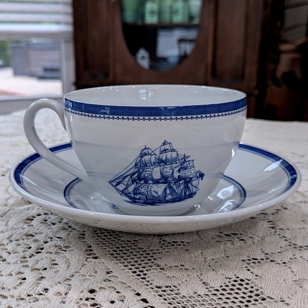 Vintage Spode Jumbo Cup and Saucer Tradewinds Nautical Ship Blue Transferware